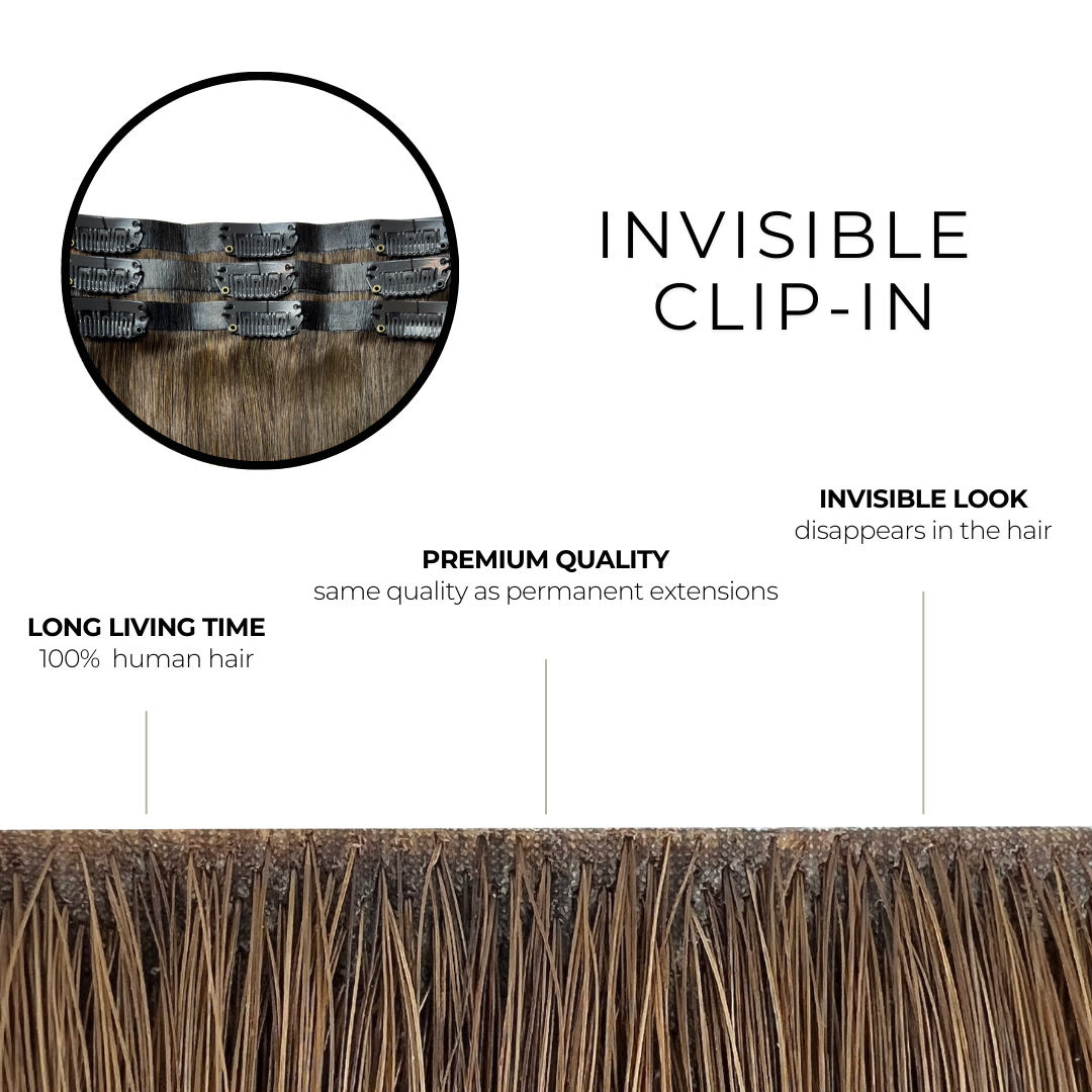 LA' IVE®
INVISIBLE CLIP-IN
Sind Haarverlängerungen, die mit speziell designten Clips befestigt werden und für ein besonders natürliches Ergebnis sorgen.
Unsichtbare Verarbeitung: Die Clips und das Haarband sind so gestaltet, dass sie selbst bei dünnem Haar kaum sichtbar sind.
Einfache Anwendung: Schnell und unkompliziert anzubringen, perfekt für den täglichen Gebrauch oder besondere Anlässe.
Schonend für das Haar: Keine Klebstoffe oder Hitze notwendig, wodurch das Eigenhaar geschont wird.